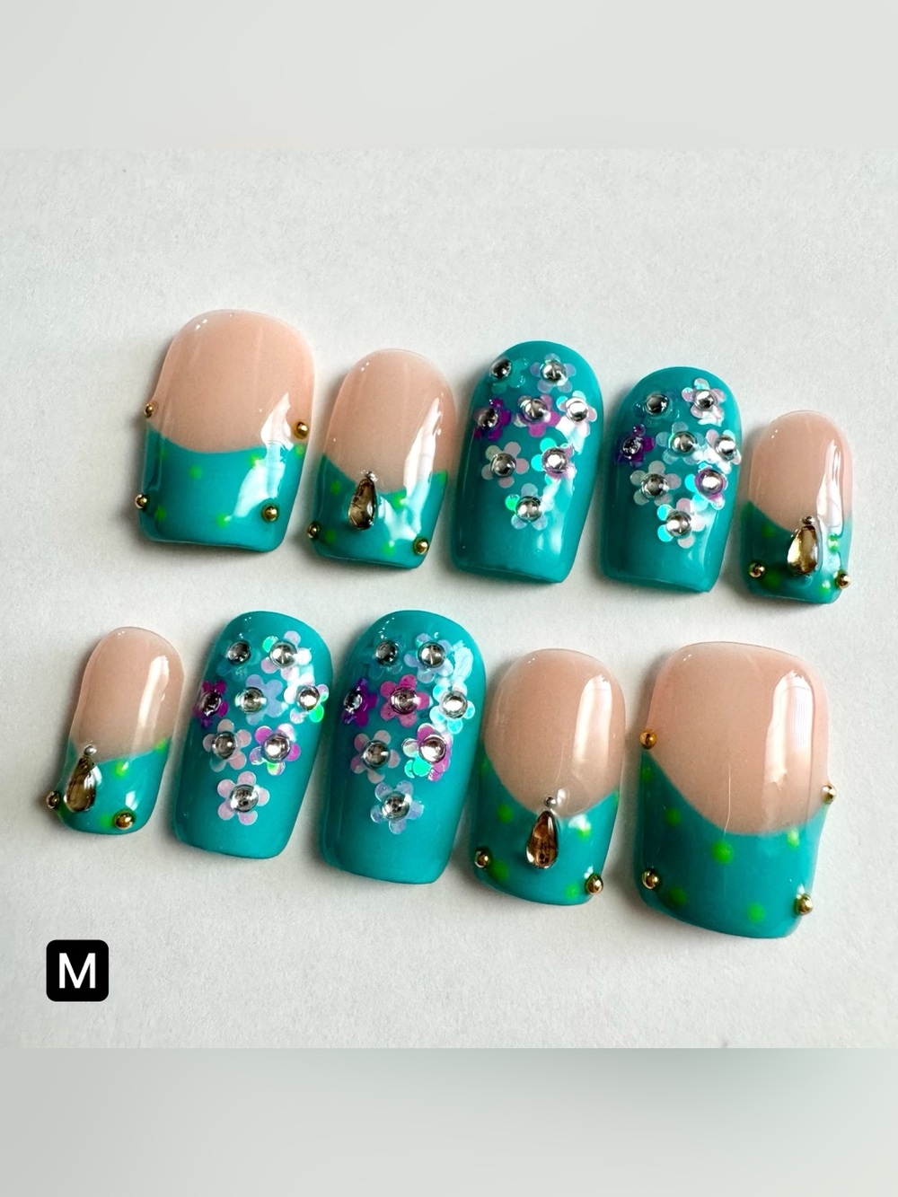 Turquoise Floral Rhinestone Press-On Nails